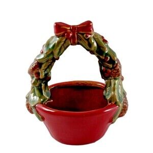 VTG Glazed Christmas Basket Pottery Trinket Candy Dish Stoneware Holiday Signed